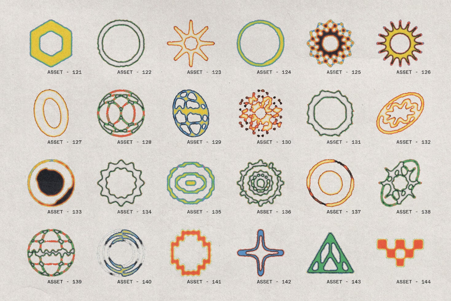 Stochastic Collection sheet of 24 geometric shapes including hexagon, circles, stars, gears, triangles in multiple styles