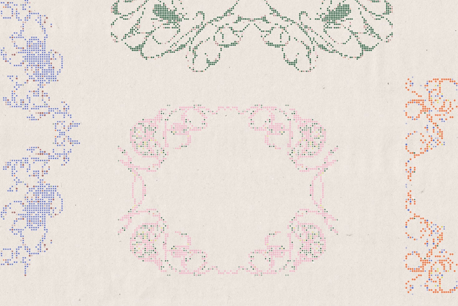 Pixel art ornamental borders, decorative frames in blue, green, pink, orange