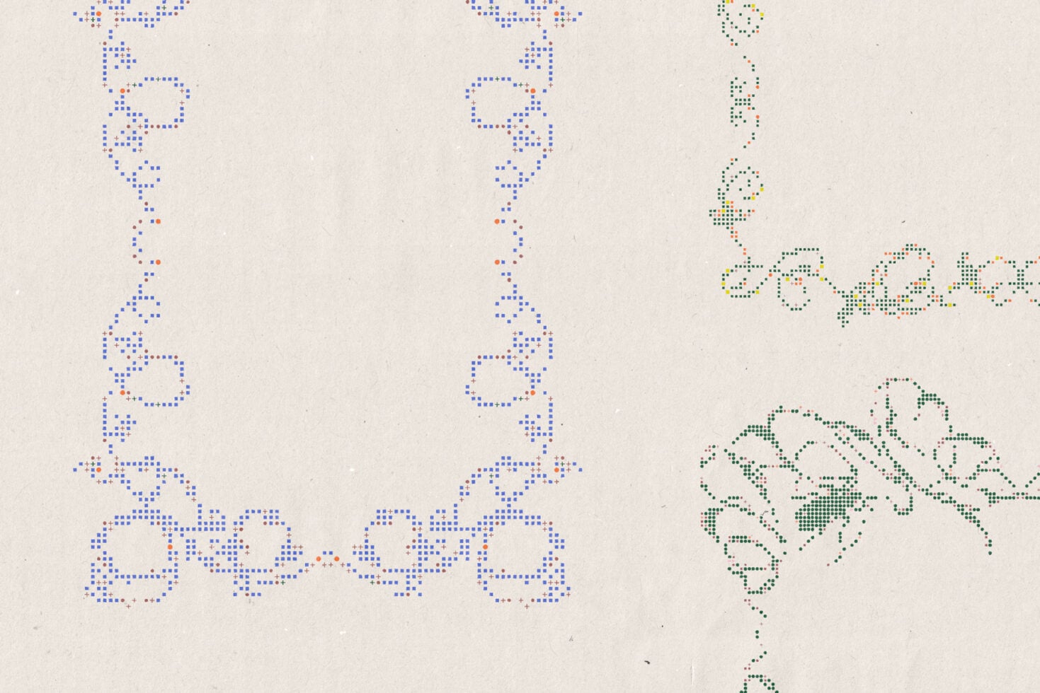 Dotted pattern ornaments, scrollwork borders in blue, green with yellow accents