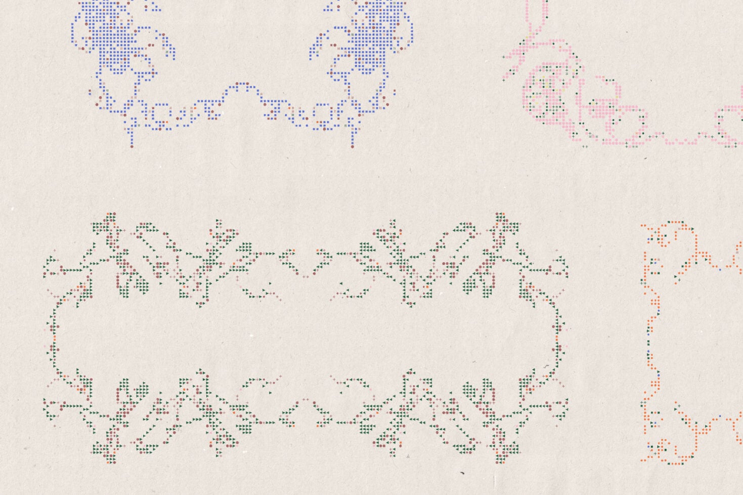 Pixelated decorative ornaments, borders in blue, green, pink, orange tones