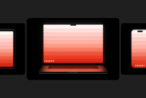 Laptop mockup with peach to red gradient display, multiple devices visible