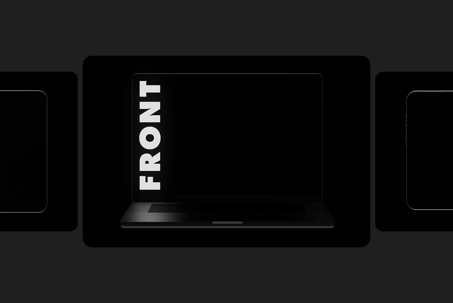 MacBook mockup displaying FRONT text, dark studio setting
