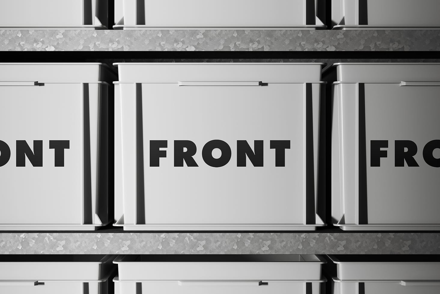 White stacked boxes with black text on clean minimalist backdrop