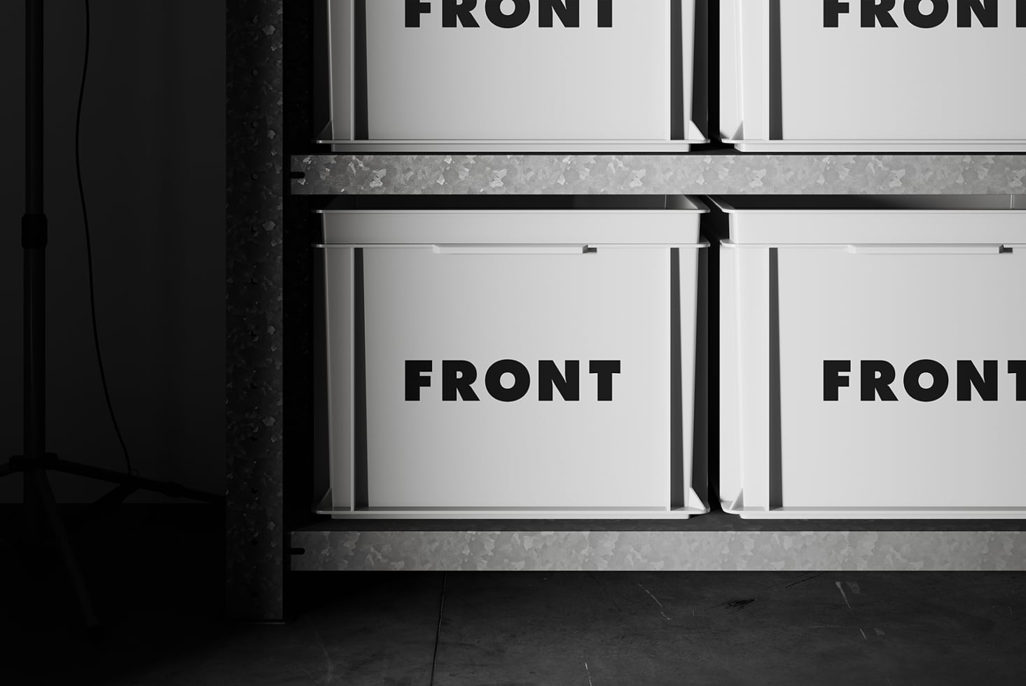 White retail boxes on industrial shelving with editable front panel