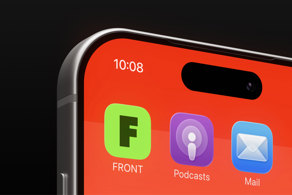 Close-up of a smartphone mockup with vibrant app icons Front Podcasts and Mail on a red screen perfect for UI design and mobile app presentations.