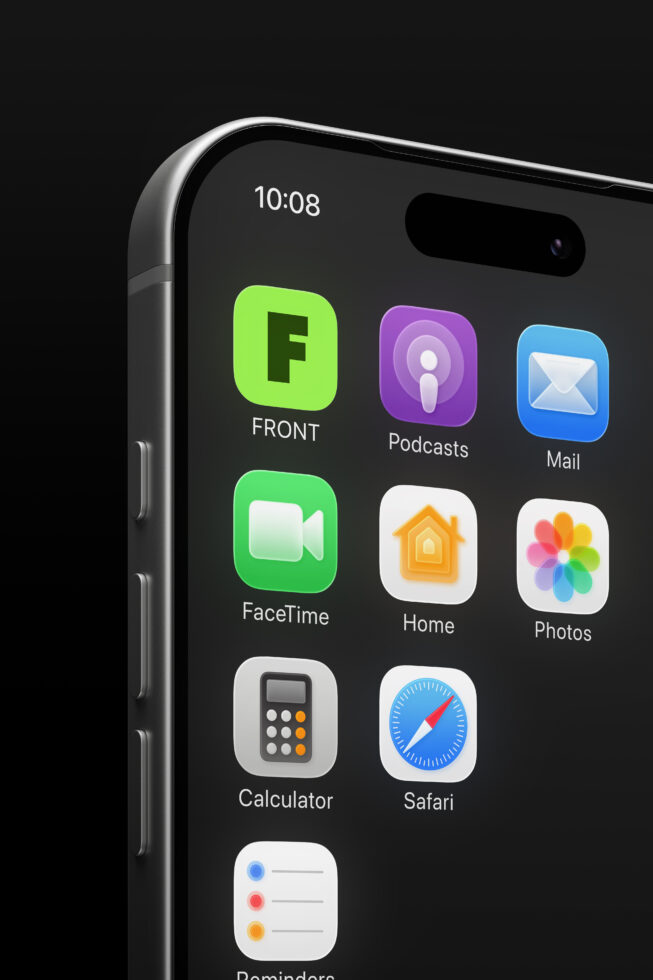 Phone home screen with dark background showing colorful app icons including mail, podcasts, facetime