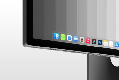 Mac monitor dock showing app icons including Finder, Front, Safari, Mail, Music, Figma