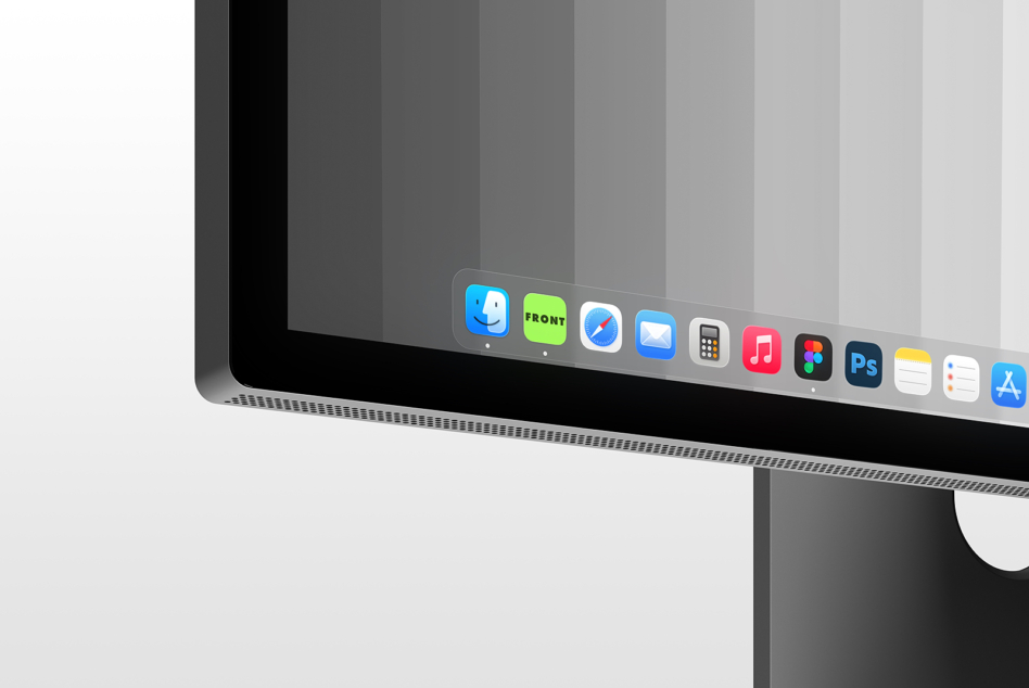 Mac monitor dock showing app icons including Finder, Front, Safari, Mail, Music, Figma