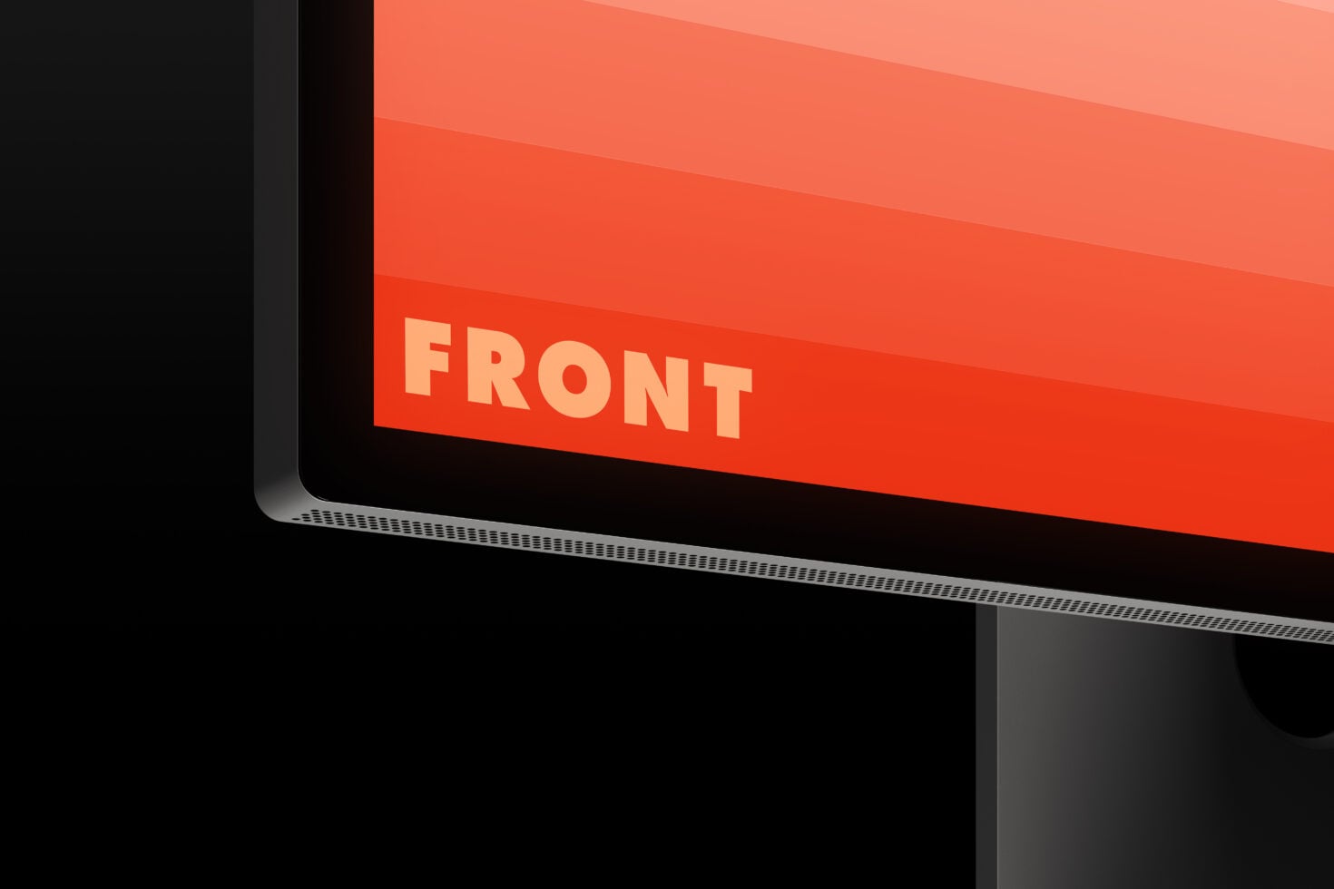 Monitor display with bold FRONT text in yellow on red background, angled view