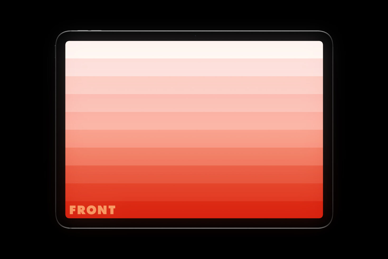 Tablet mockup with red gradient display, FRONT label in corner