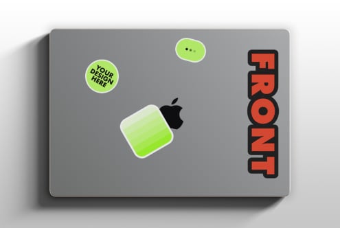 MacBook laptop with green sticker mockup on gray background showing FRONT text