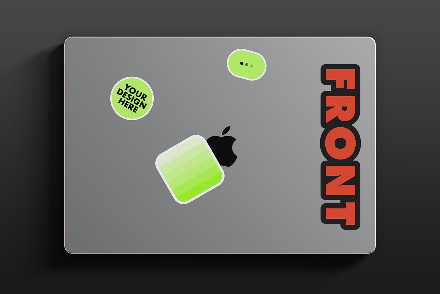 Laptop mockup showing green stickers, chat icon, orange FRONT text design