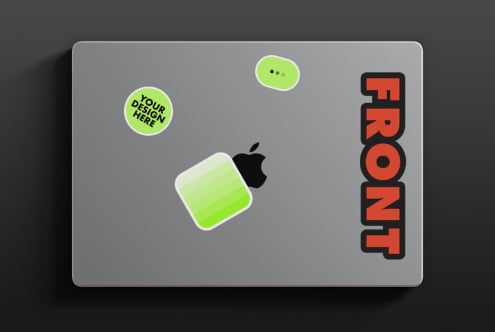 Laptop mockup showing green stickers, chat icon, orange FRONT text design