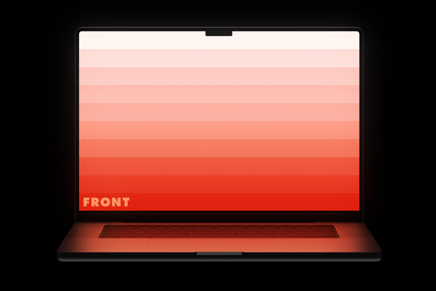 Laptop showing gradient red to white display with FRONT label