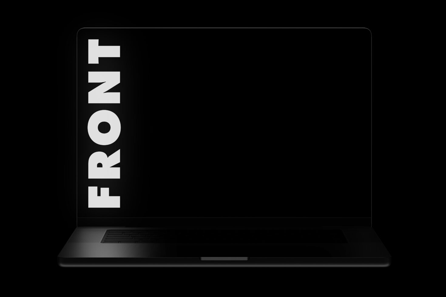 Laptop mockup displaying FRONT text on black background