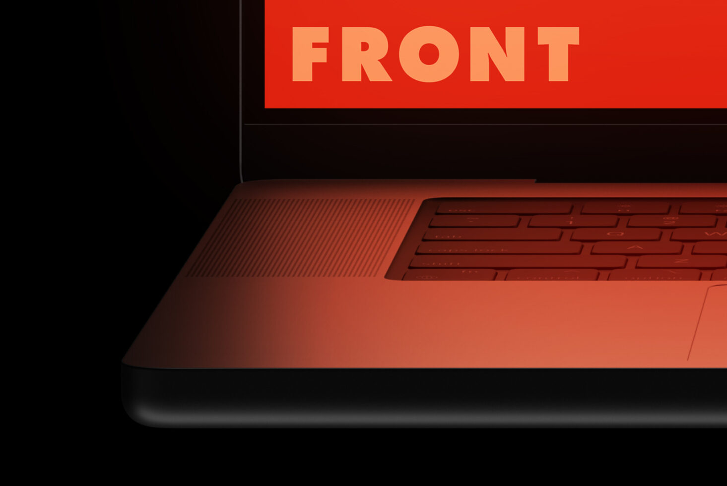 Red laptop mockup with front view showing bold red bezel display