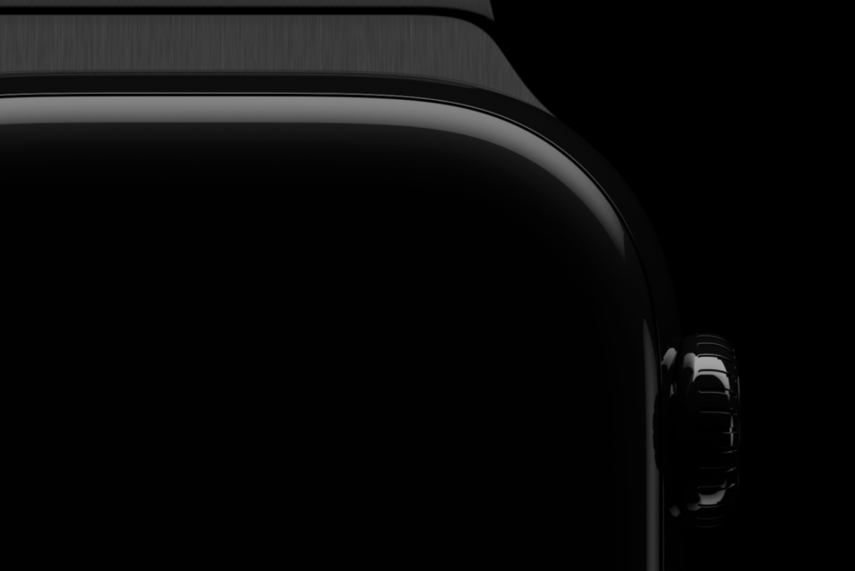 Side profile of black smartwatch showing curved edge against dark backdrop