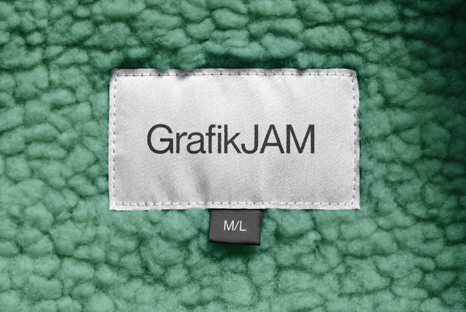 GrafikJAM text on white label attached to textured green fabric, M/L tag shown