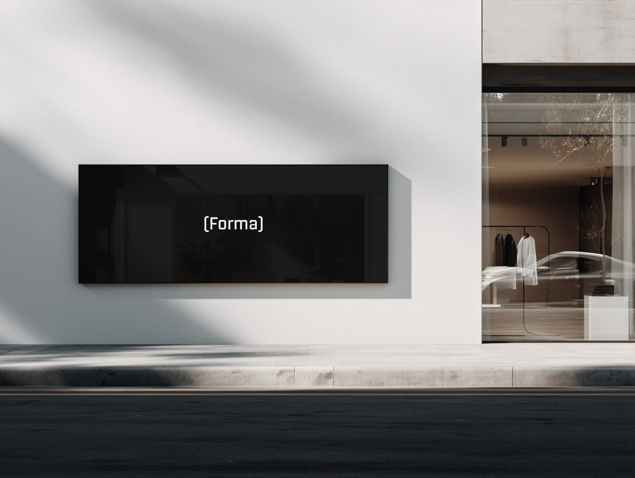 Empty black horizontal sign on white storefront wall next to clothing boutique window