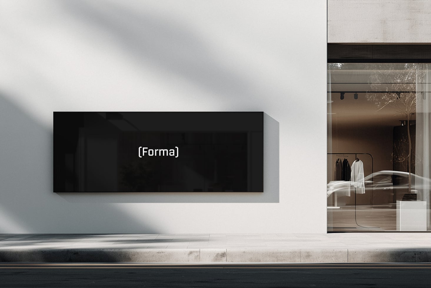 Dark empty horizontal storefront sign on white wall beside luxury clothing boutique