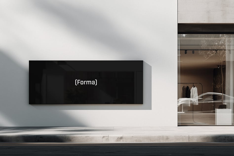 Dark empty horizontal storefront sign on white wall beside luxury clothing boutique