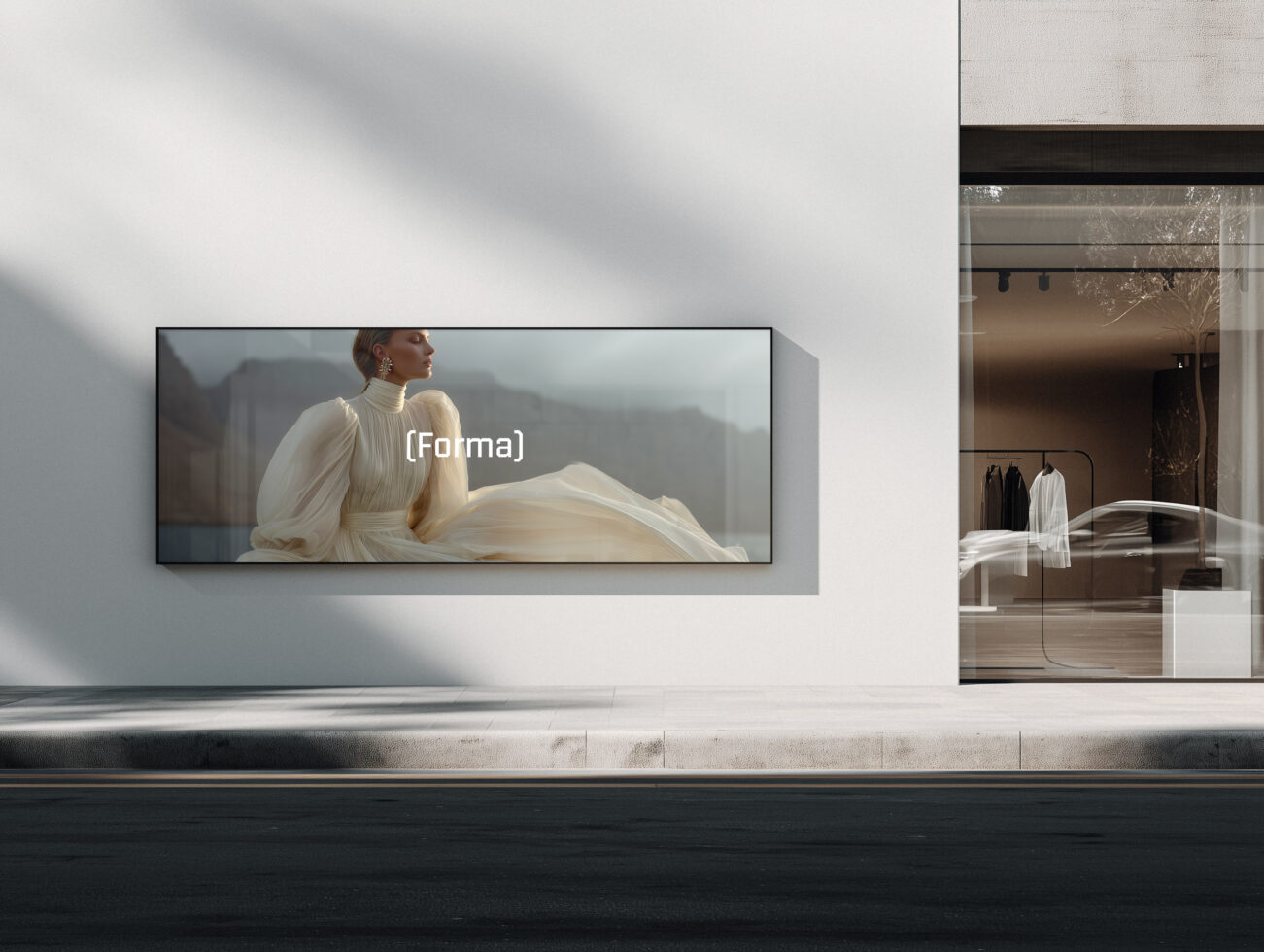Woman in cream pleated gown flowing fabric on horizontal storefront display screen