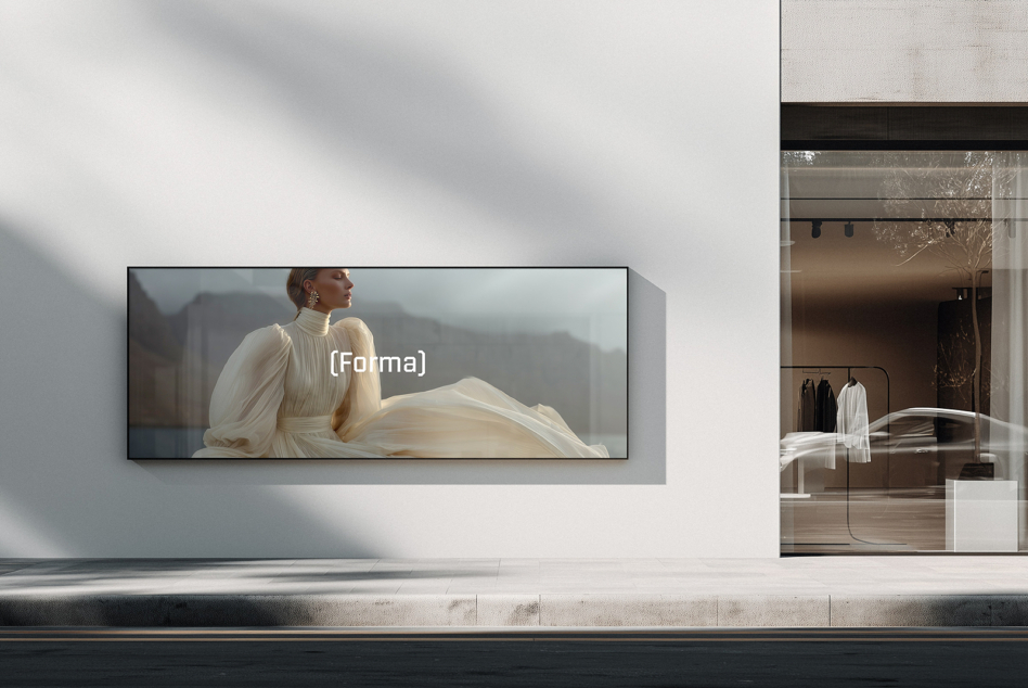 Woman in cream dress flowing fabric shown on wide horizontal storefront screen display