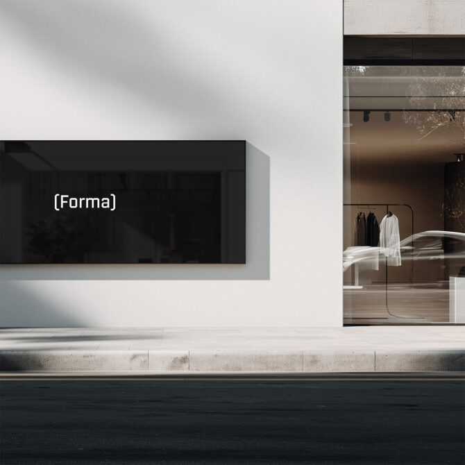 Blank black horizontal billboard on minimalist storefront wall with fashion boutique visible