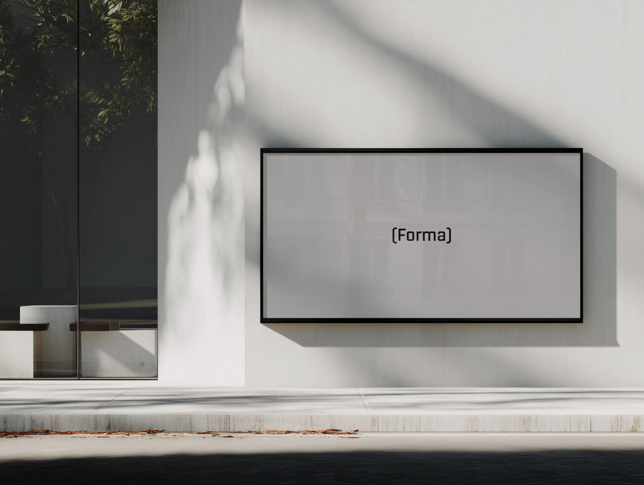 Blank horizontal screen mockup mounted on minimalist white gallery wall