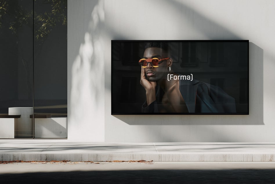Ultra-wide display mockup showing man posing in statement orange sunglasses