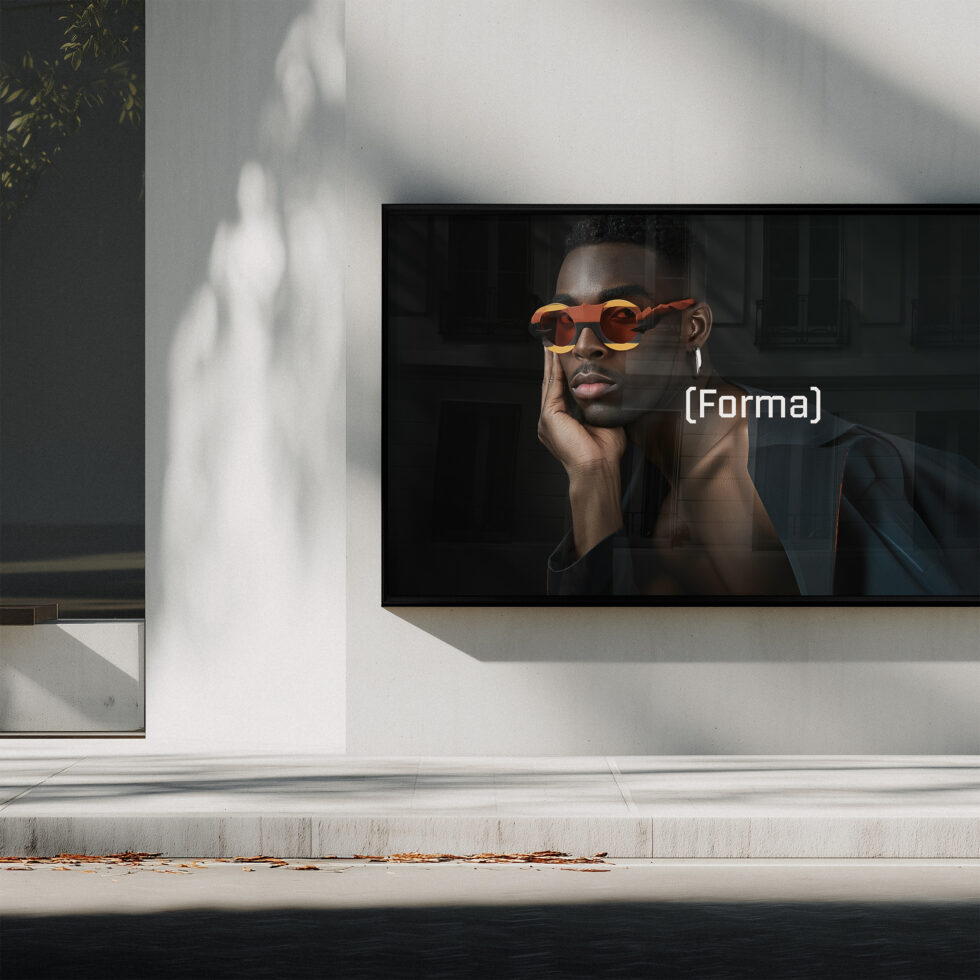 Landscape TV mockup displaying fashion portrait with bold orange eyewear