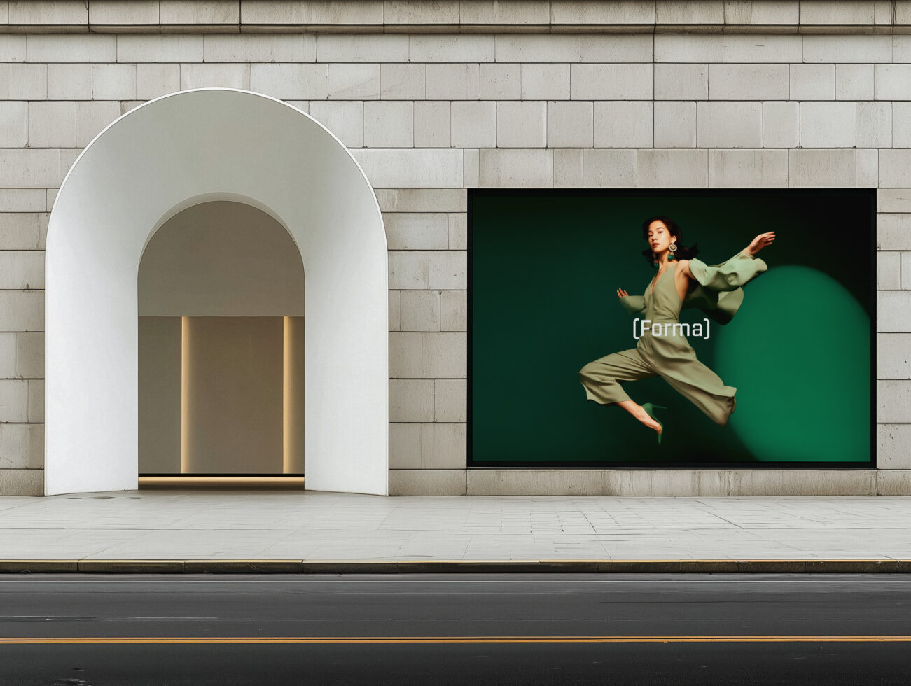 Screen display with dancer in beige outfit against green background, modern arched storefront