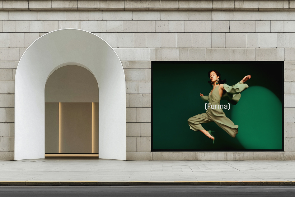 Modern storefront with arched doorway, woman jumping in beige outfit on screen