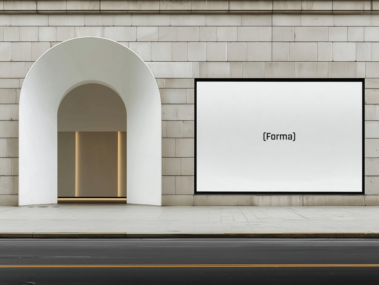 Blank horizontal screen display next to white arched entrance on tiled building wall