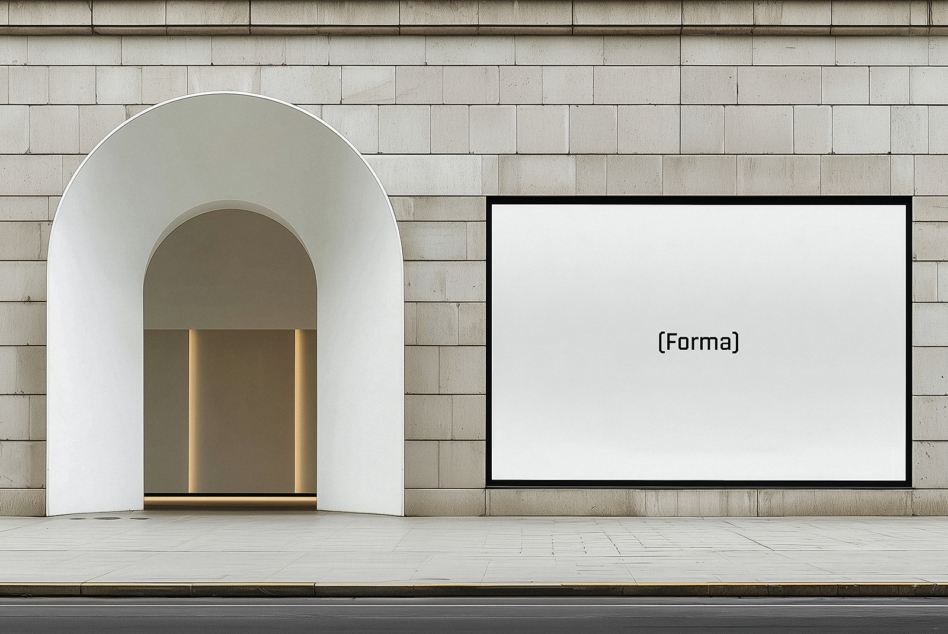 Minimalist storefront mockup with blank white screen on concrete block wall