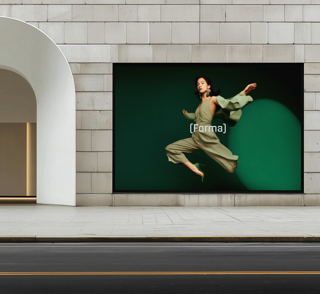 Storefront display with woman in beige jumpsuit mid-leap against green circle backdrop