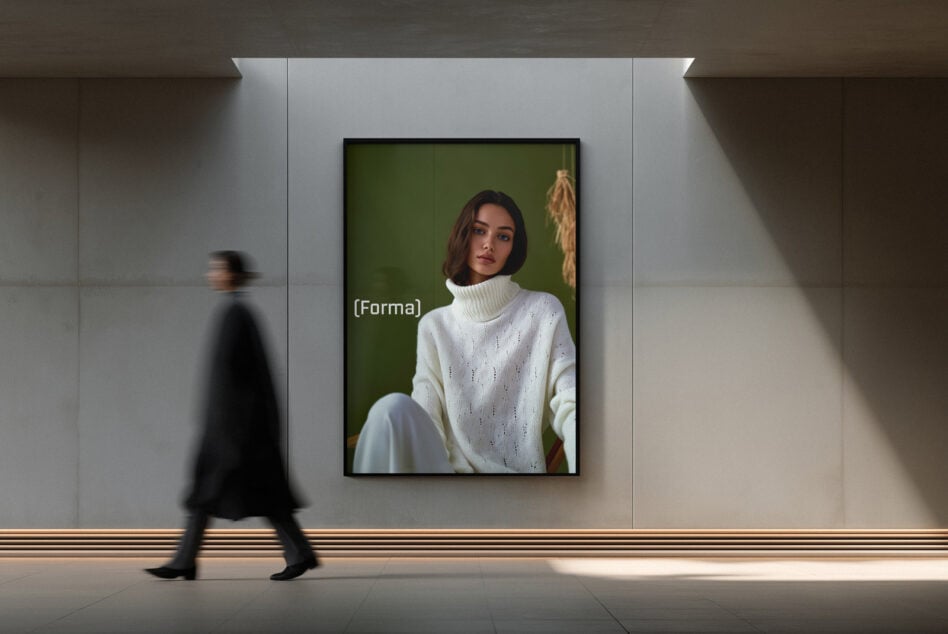 Portrait photo in black frame on white wall with green background
