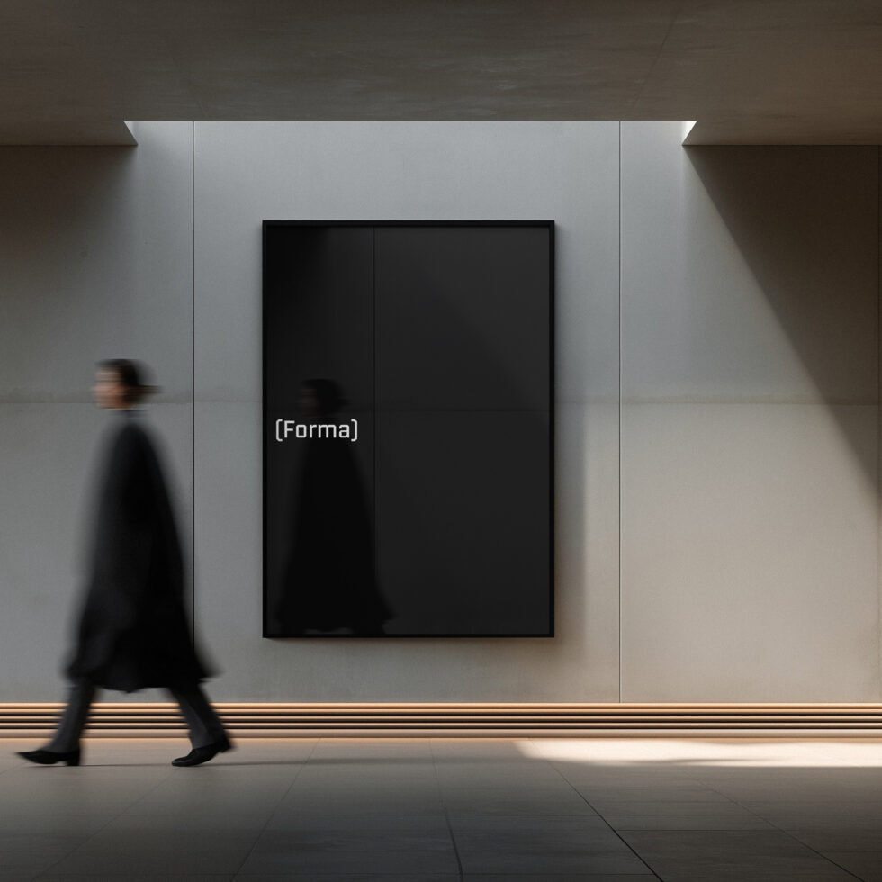 Black framed poster mockup on gallery wall with person walking past