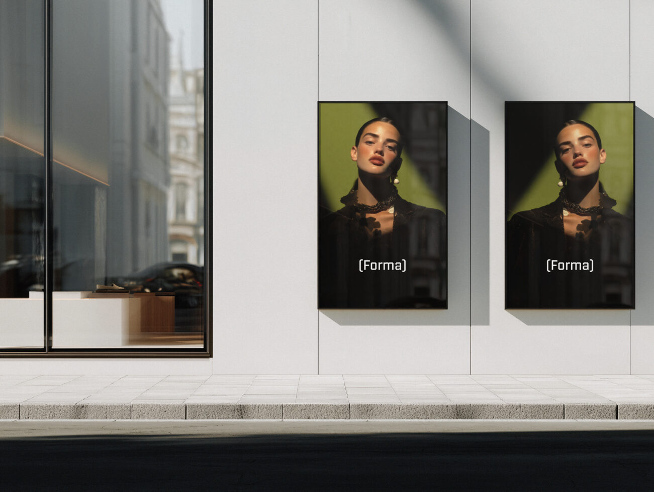Storefront mockup with two portrait images on white wall with lime green backdrop