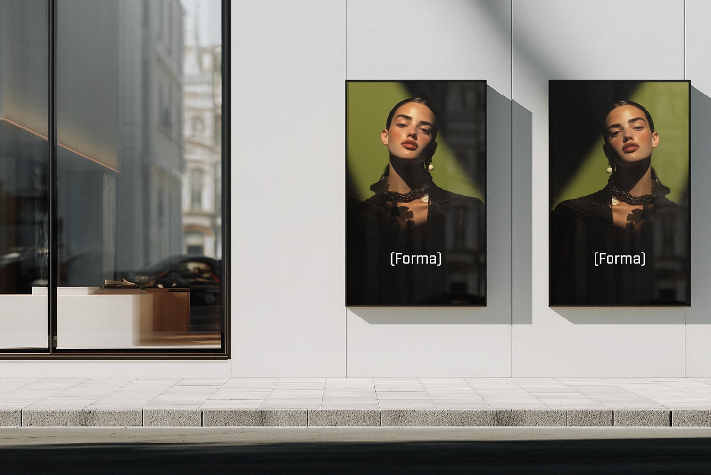 Two portrait photos of woman in black blazer displayed on storefront window with lime green backdrop