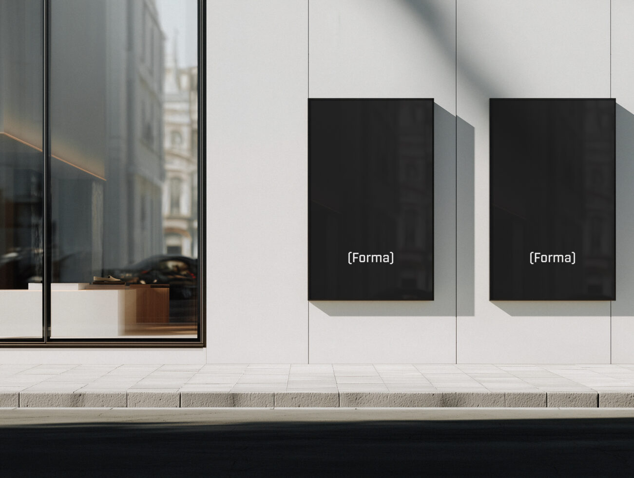 Clean storefront display mockup featuring two blank black frames on minimal wall
