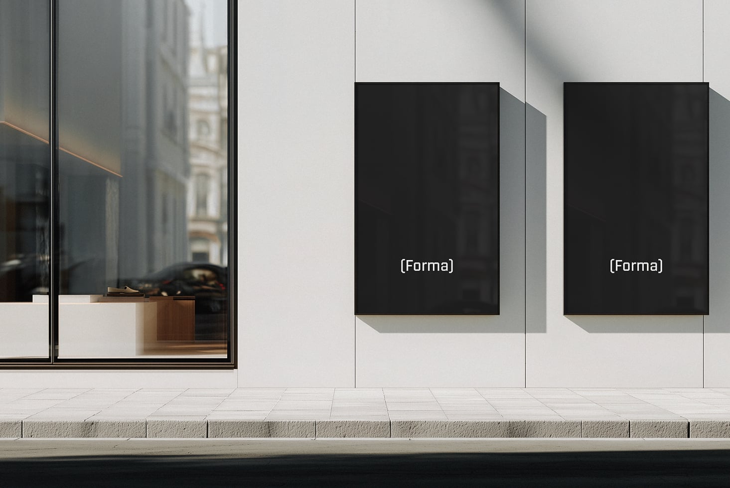 Retail window mockup showing two black frames against bright white wall display