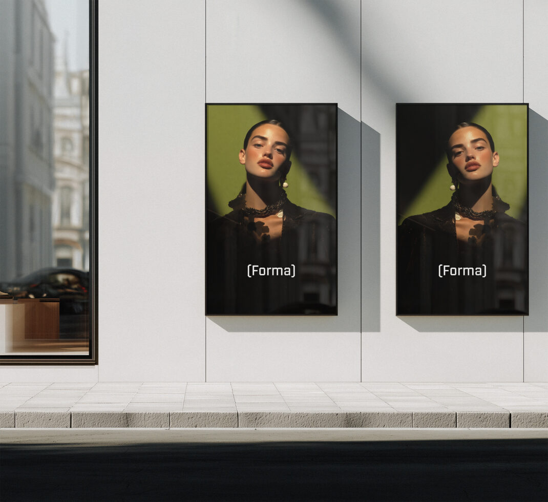 Urban storefront scene with two portrait images mounted on white wall surface