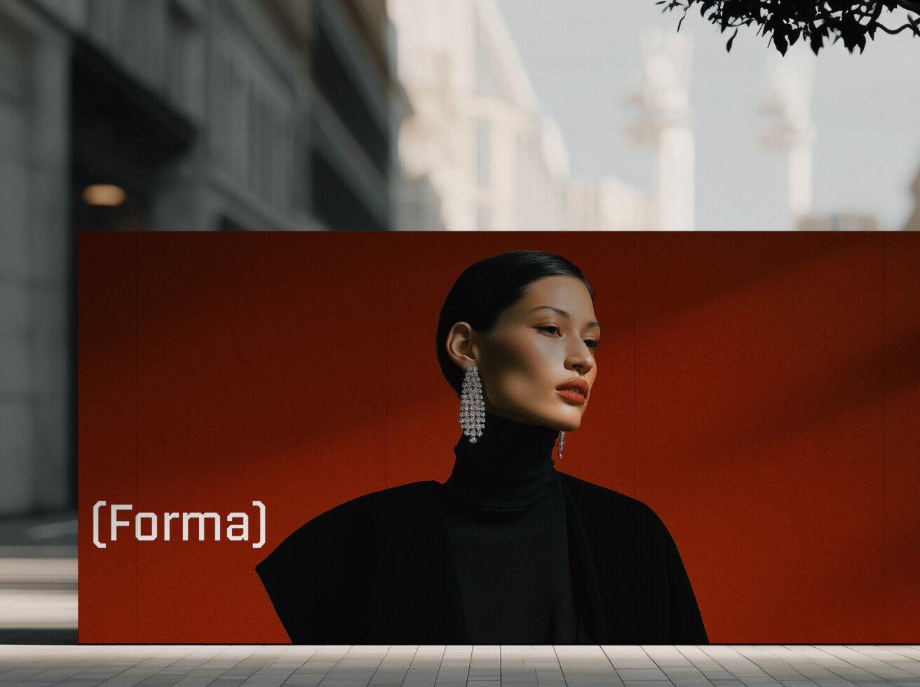 Wide horizontal billboard with woman in black turtleneck against burnt orange background