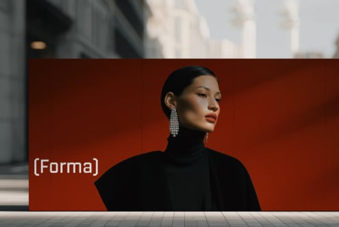 Woman in black turtleneck wearing crystal drop earrings against bold red wall with Forma branding