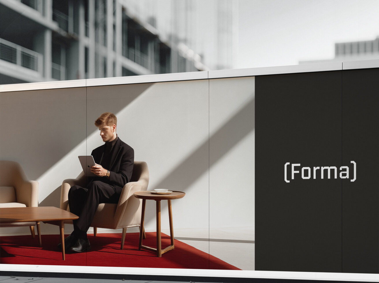 Man in black suit sitting on beige chair holding tablet with (Forma) branding on dark panel