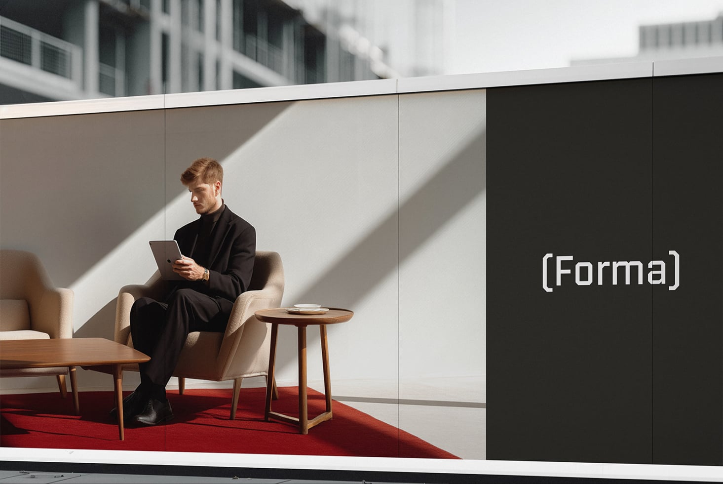 Executive in black outfit sitting with tablet on red carpet, (Forma) signage visible on wall
