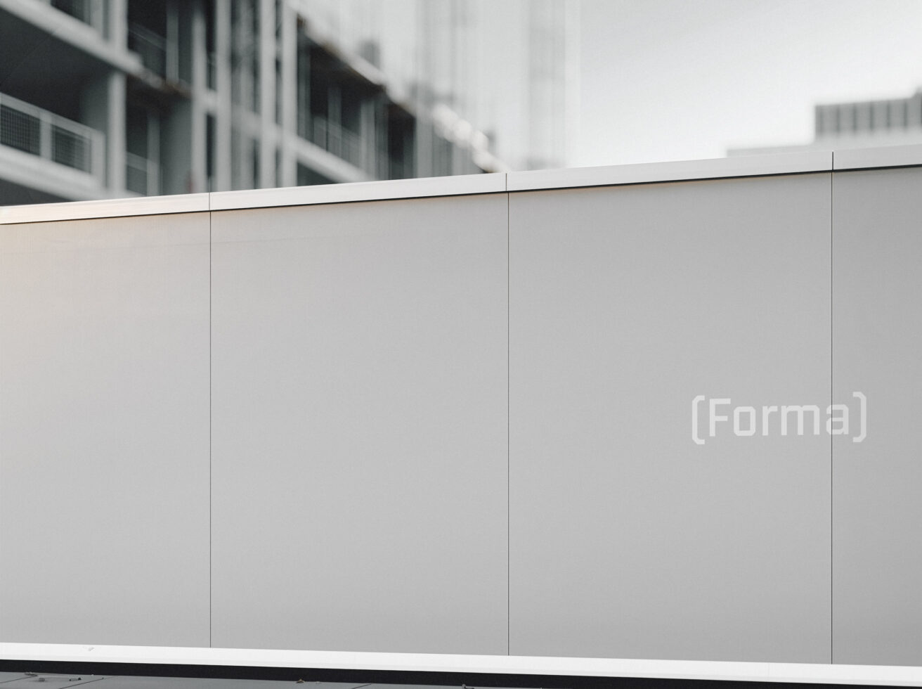 Blank white hoarding fence with minimal Forma branding on right edge