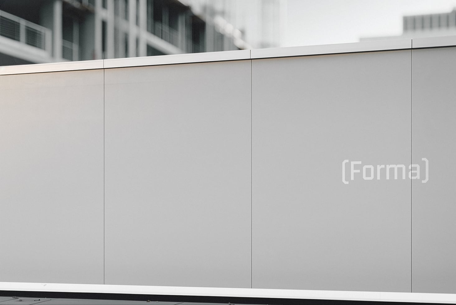 Blank billboard mockup with (Forma) branding, light gray panels with urban skyline