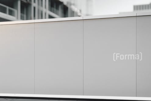 Blank billboard mockup with (Forma) branding, light gray panels with urban skyline